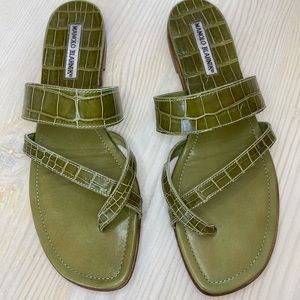 Manolo Blahnik Green/Olive Crocodile Susa Sandals